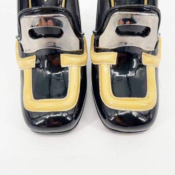Prada Fall 2010 Runway Black Patent Yellow Trim Metal Logo Platform Heels 36.5 - Picture 6 of 12